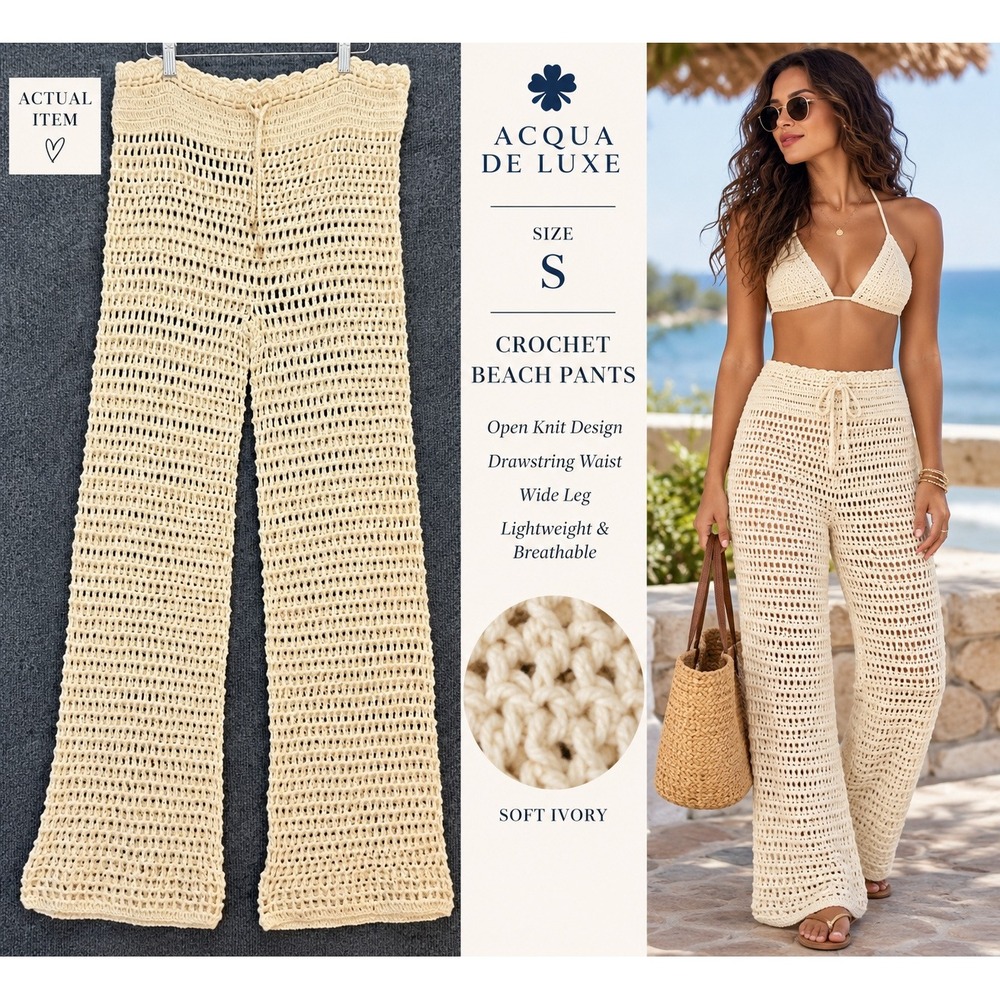 Acqua De Luxe Crochet Beach Pants Women Wide Leg Ivory S Excellent Boho Chic